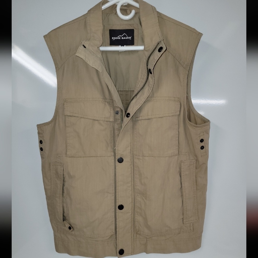 Eddie Bauer Vest Fishing outdoor Utility Tan Khaki Hiking Travex Safari, MEDIUM